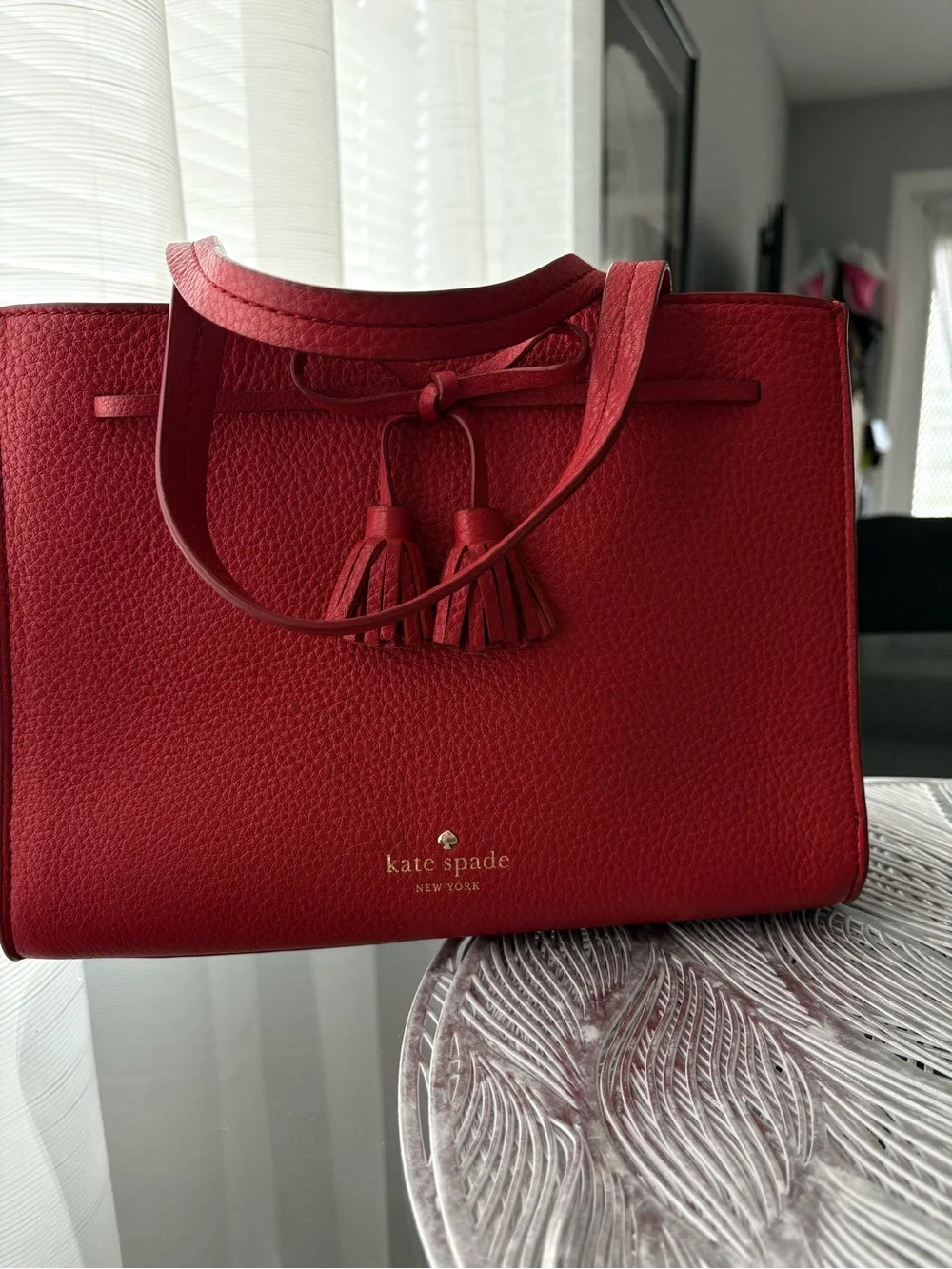 kate spade Red Leather Tassel Satchel with Bow Detail